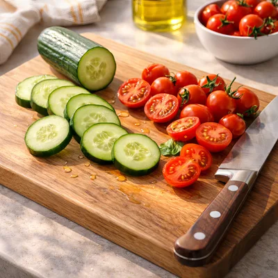 Fresh Cucumber And Cherry Tomatoes On Wooden Cutting Board