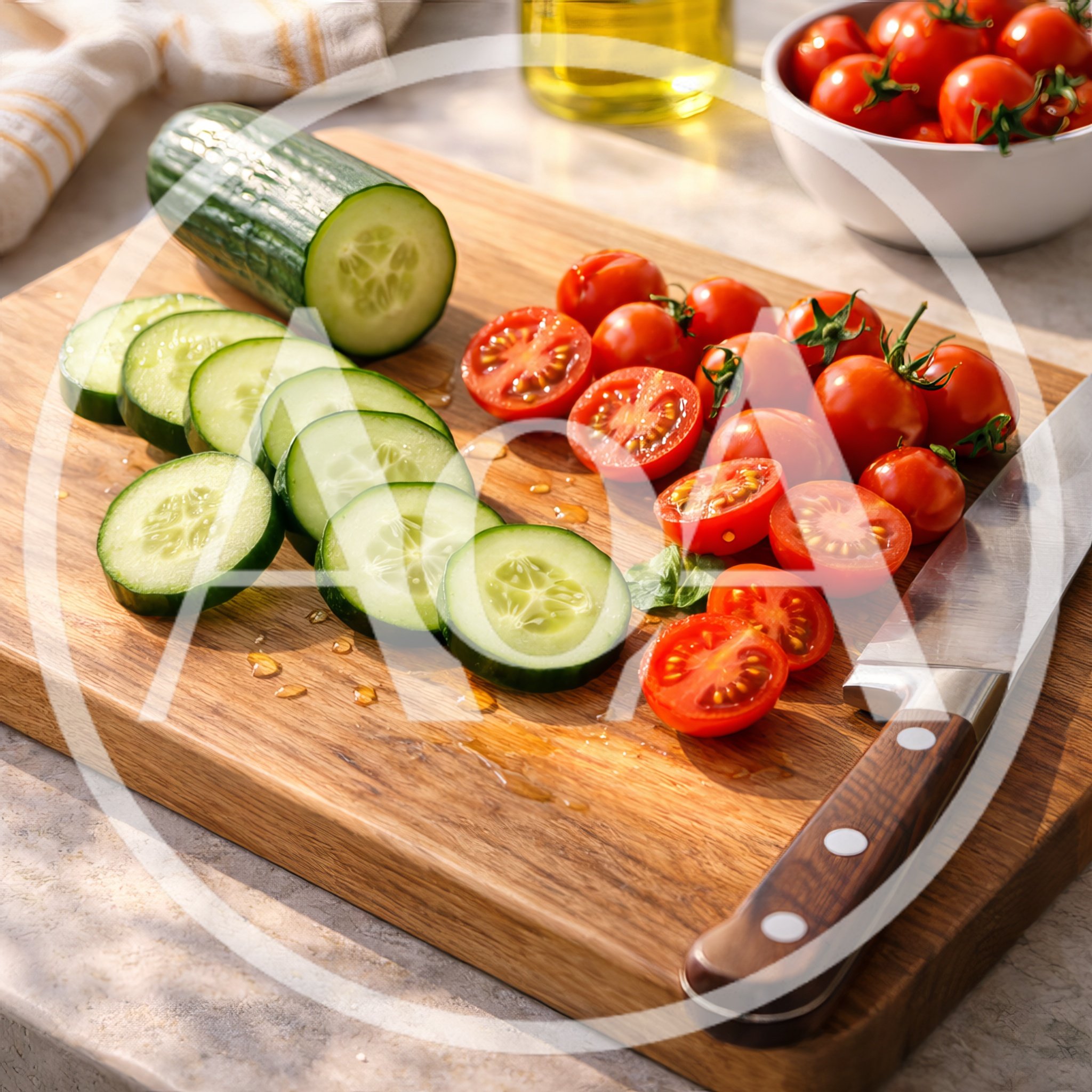Fresh Cucumber And Cherry Tomatoes On Wooden Cutting Board