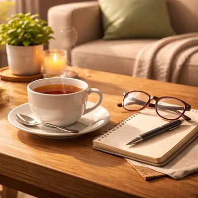 Cozy Morning Tea Setup With Notebook And Glasses