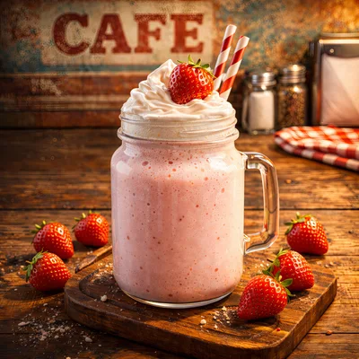 Strawberry Milkshake in Mason Jar on Wooden Table