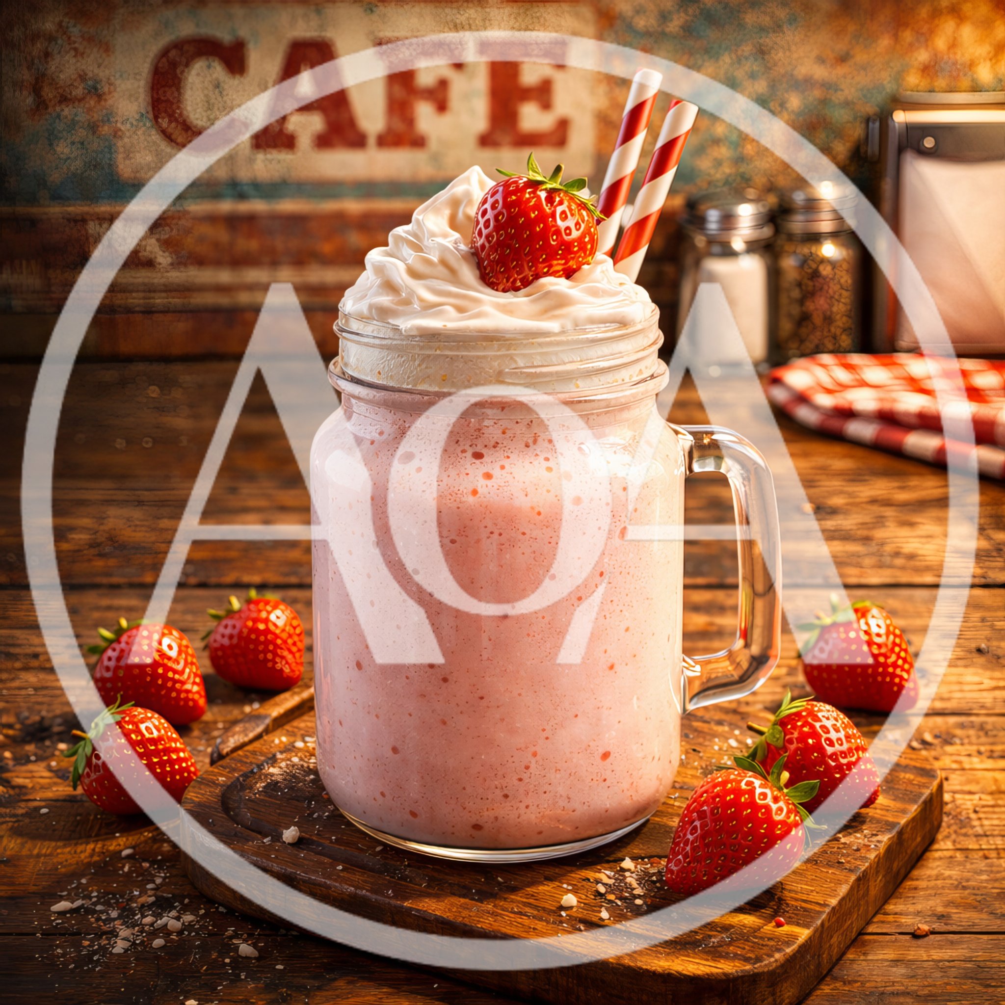 Strawberry Milkshake in Mason Jar on Wooden Table