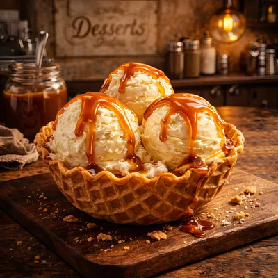 Three Scoops Of Vanilla Ice Cream In Waffle Bowl