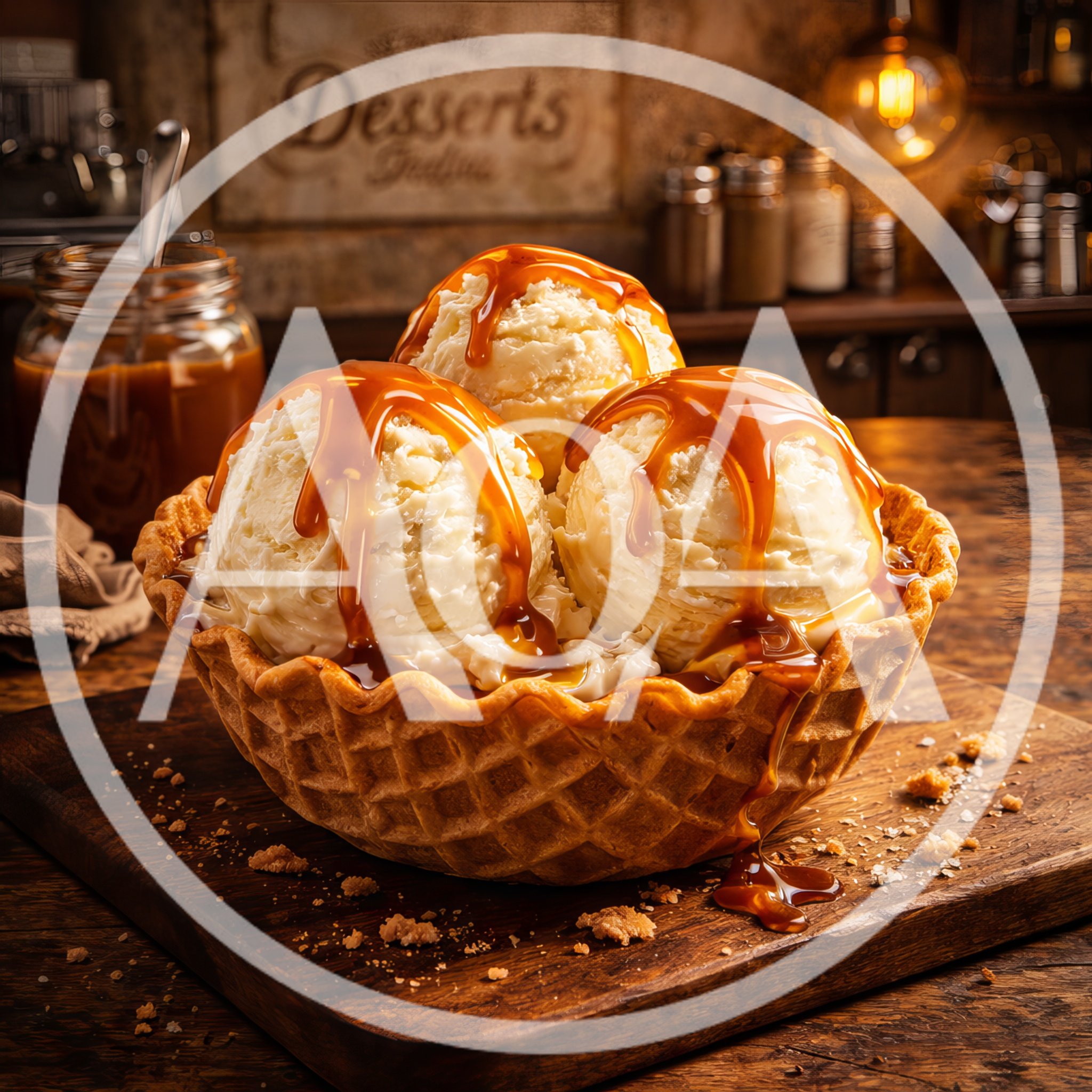 Three Scoops Of Vanilla Ice Cream In Waffle Bowl