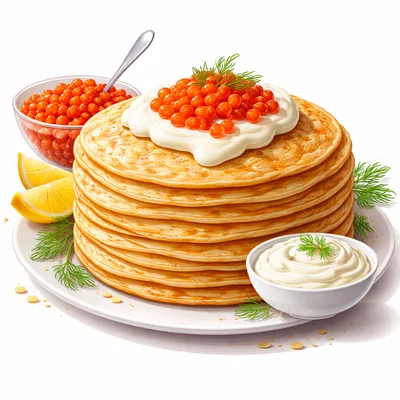 Stack Of Russian Blini With Red Caviar And Sour Cream