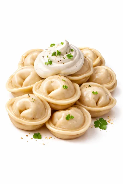 Plate of Traditional Russian Dumplings with Sour Cream