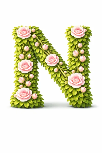 Floral Letter N Made Of Green Leaves And Pink Roses