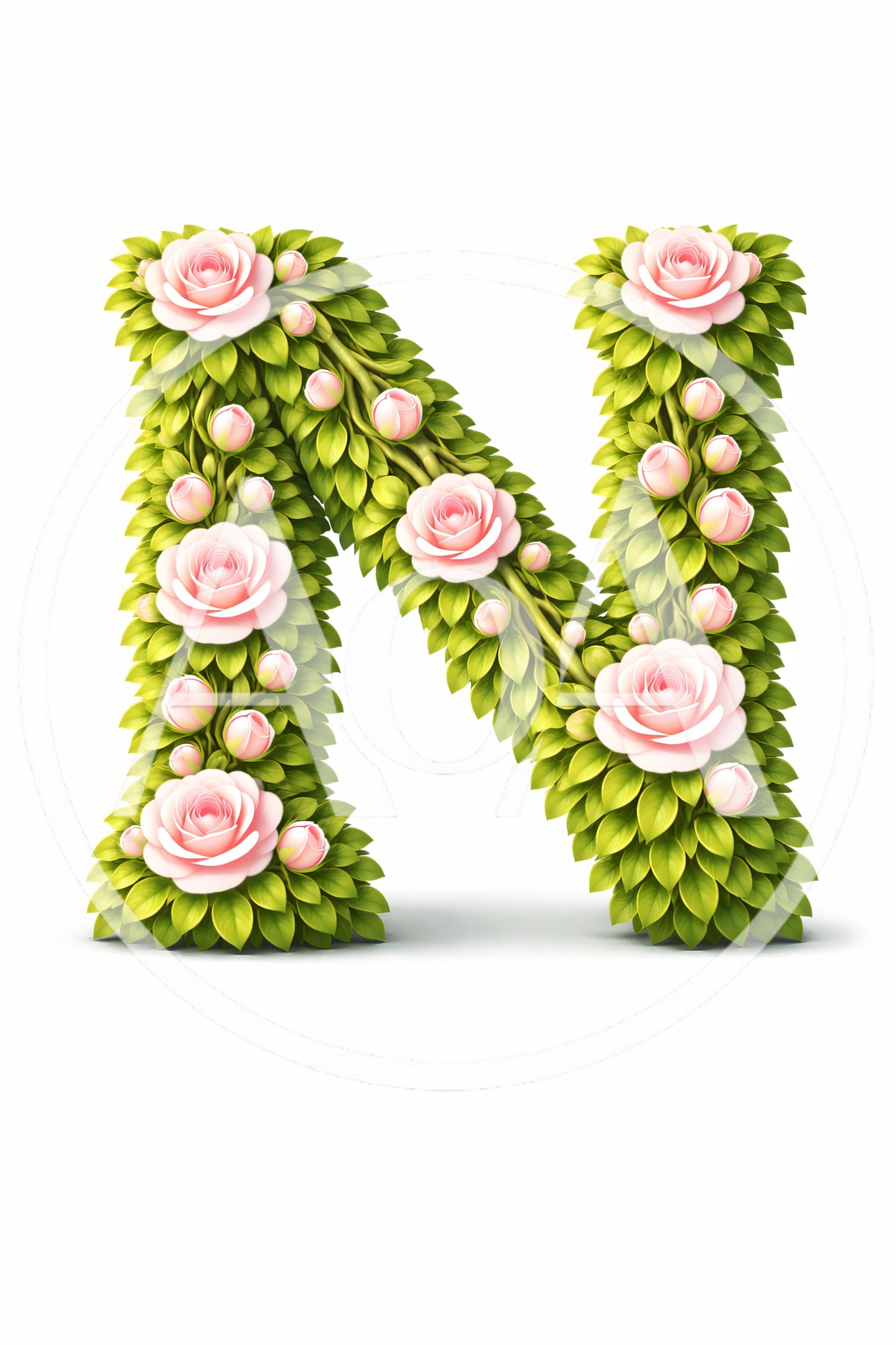 Floral Letter N Made Of Green Leaves And Pink Roses