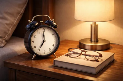 Vintage Alarm Clock And Reading Glasses On Nightstand