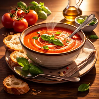 Bowl of Creamy Tomato Soup with Fresh Basil