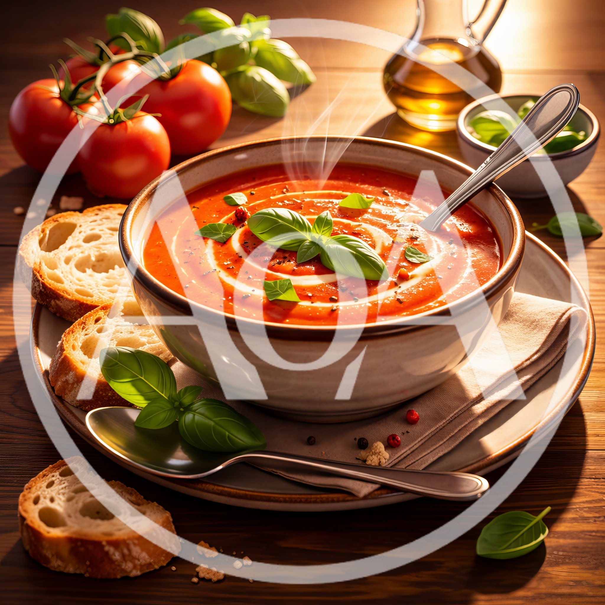 Bowl of Creamy Tomato Soup with Fresh Basil