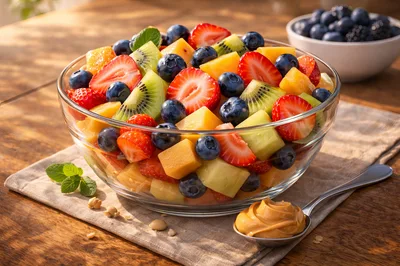 Fresh Fruit Salad Bowl With Peanut Butter Spoon
