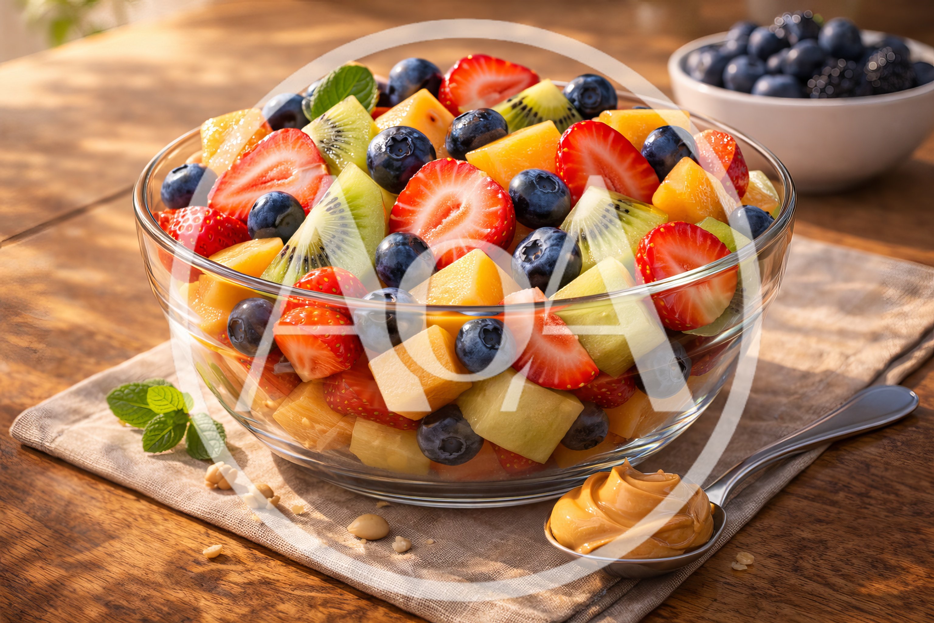 Fresh Fruit Salad Bowl With Peanut Butter Spoon