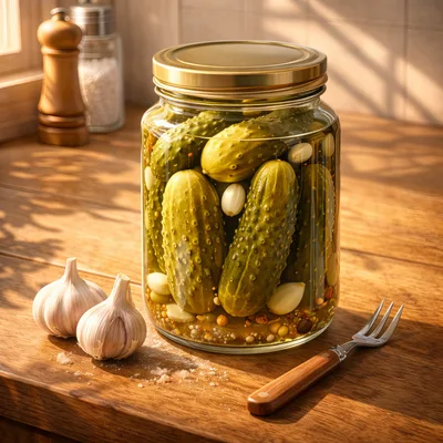 Jar Of Pickles With Garlic On Wooden Table