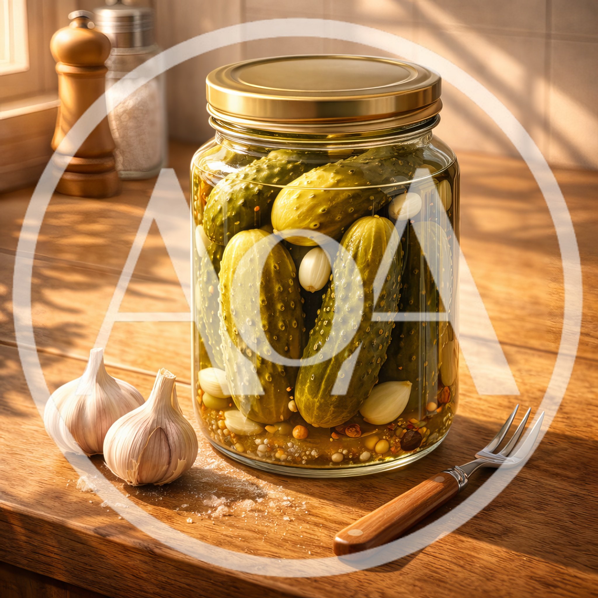 Jar Of Pickles With Garlic On Wooden Table