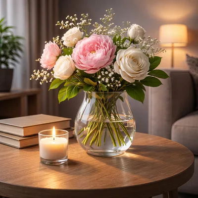 Elegant Floral Arrangement With Candle On Wooden Table