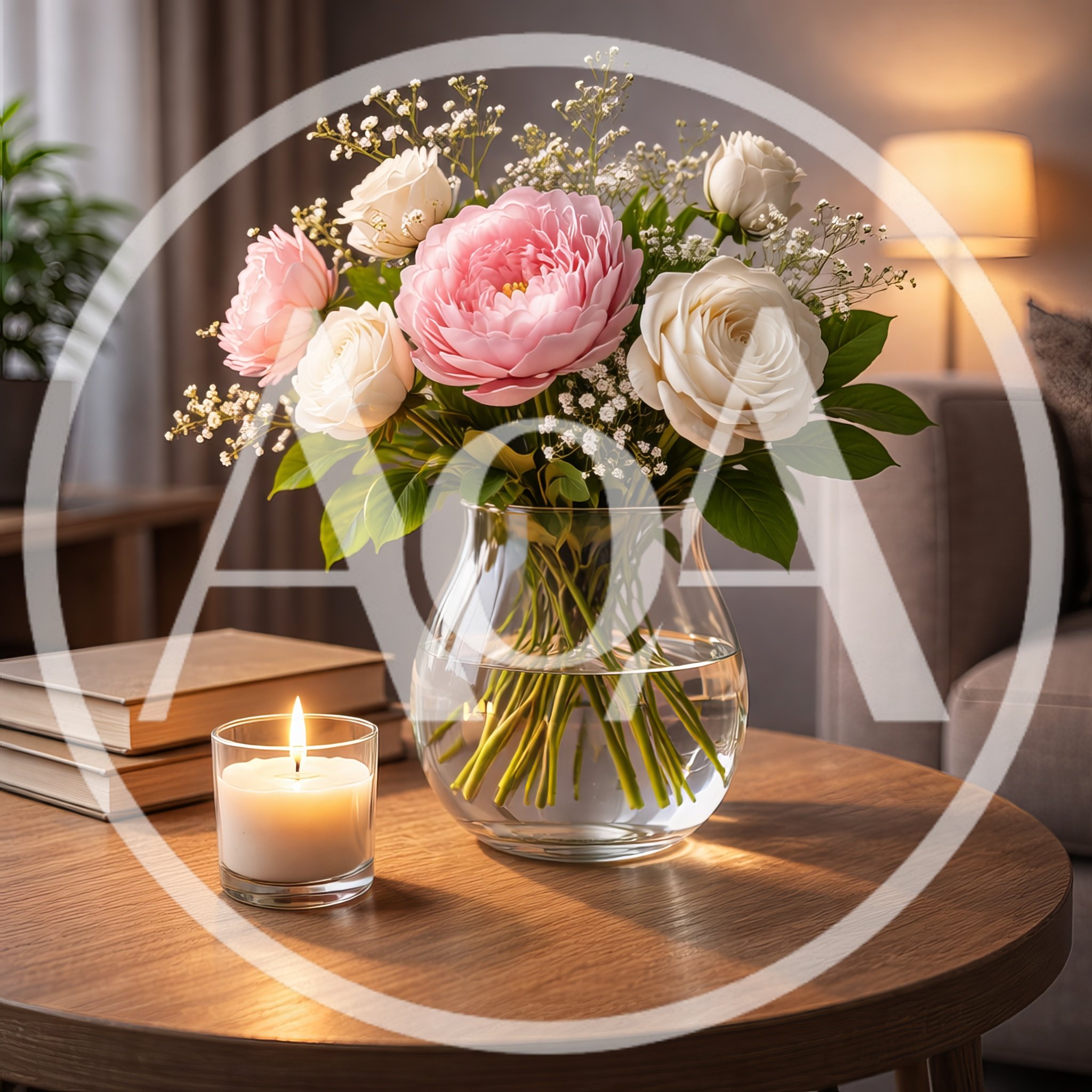 Elegant Floral Arrangement With Candle On Wooden Table
