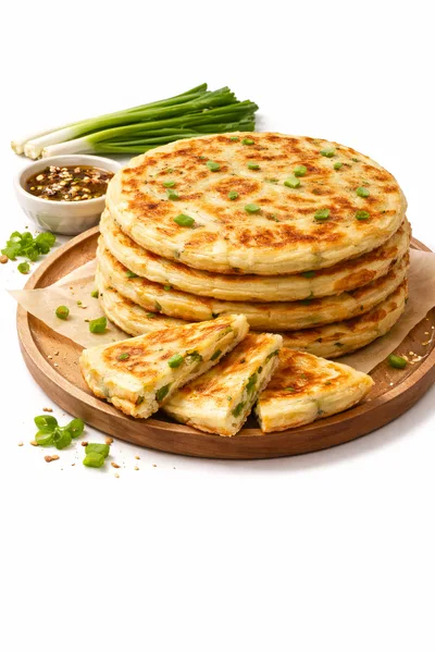 Stack of Crispy Scallion Pancakes on Wooden Platter