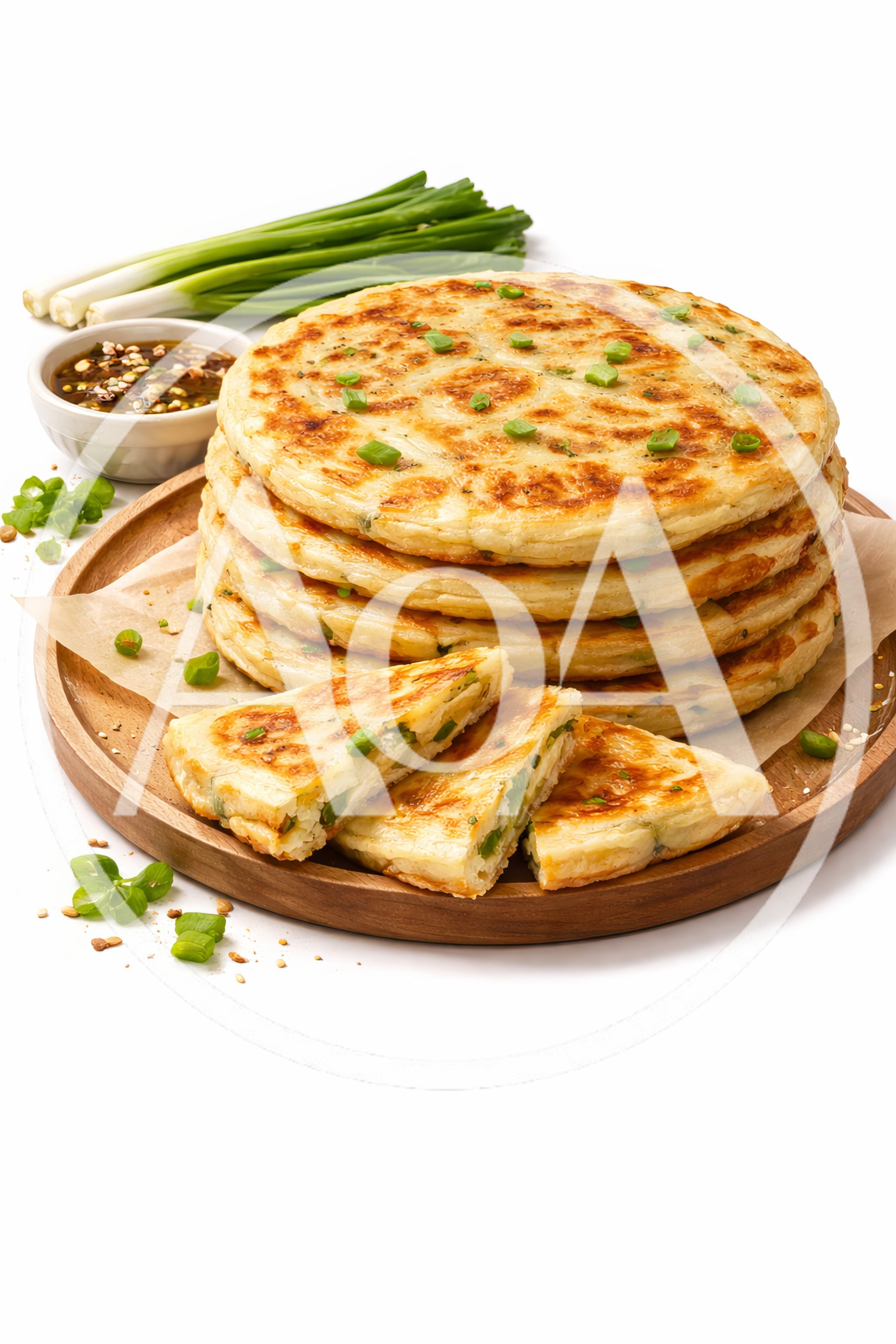 Stack of Crispy Scallion Pancakes on Wooden Platter