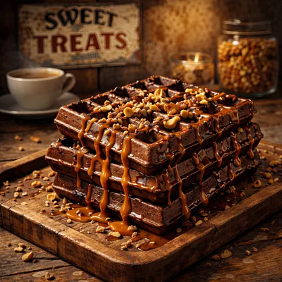 Stack of Chocolate Waffles with Caramel and Nuts