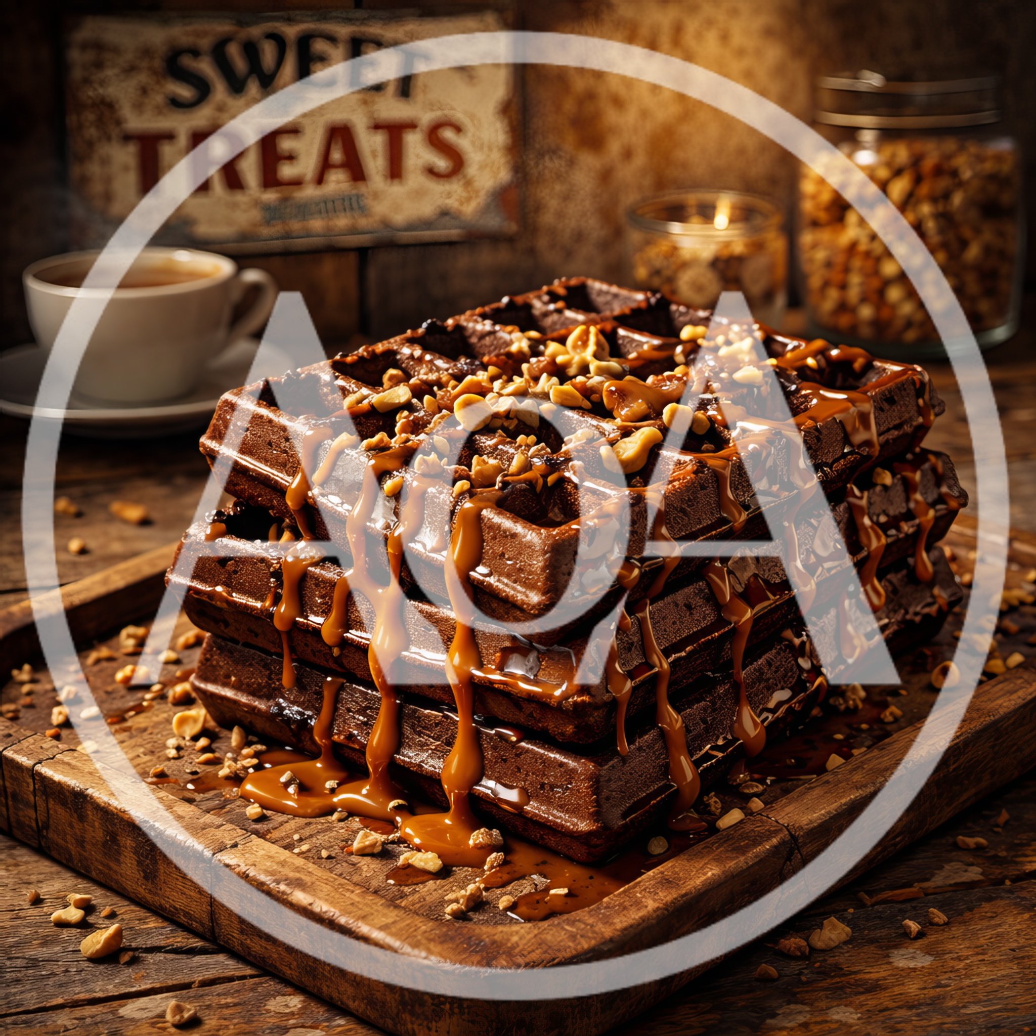 Stack of Chocolate Waffles with Caramel and Nuts