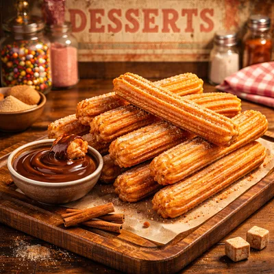 Fresh Churros With Chocolate Dip On Wooden Board