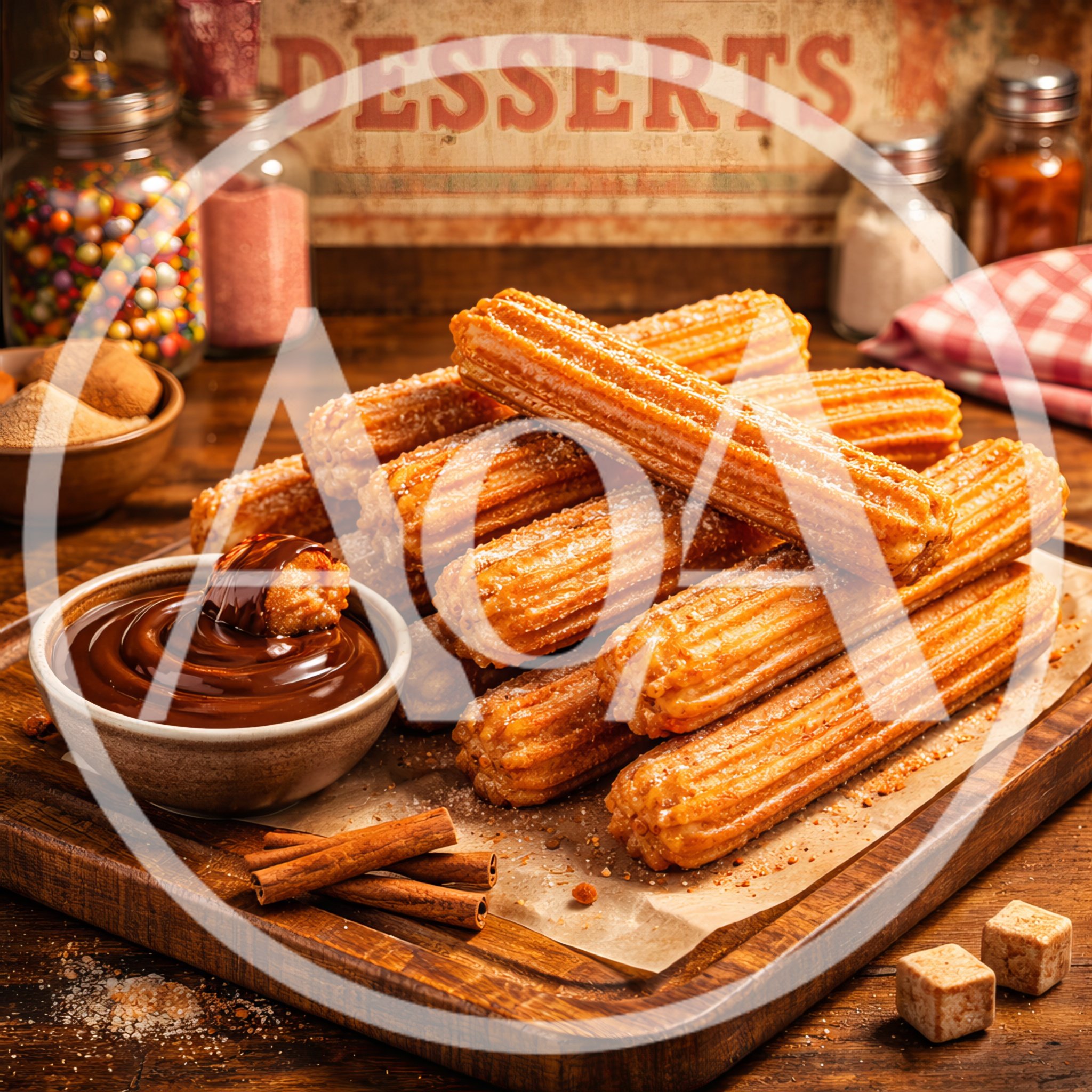 Fresh Churros With Chocolate Dip On Wooden Board