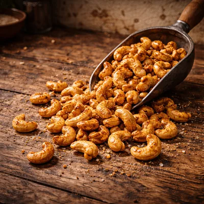 Roasted Cashews Spilled From A Metal Scoop