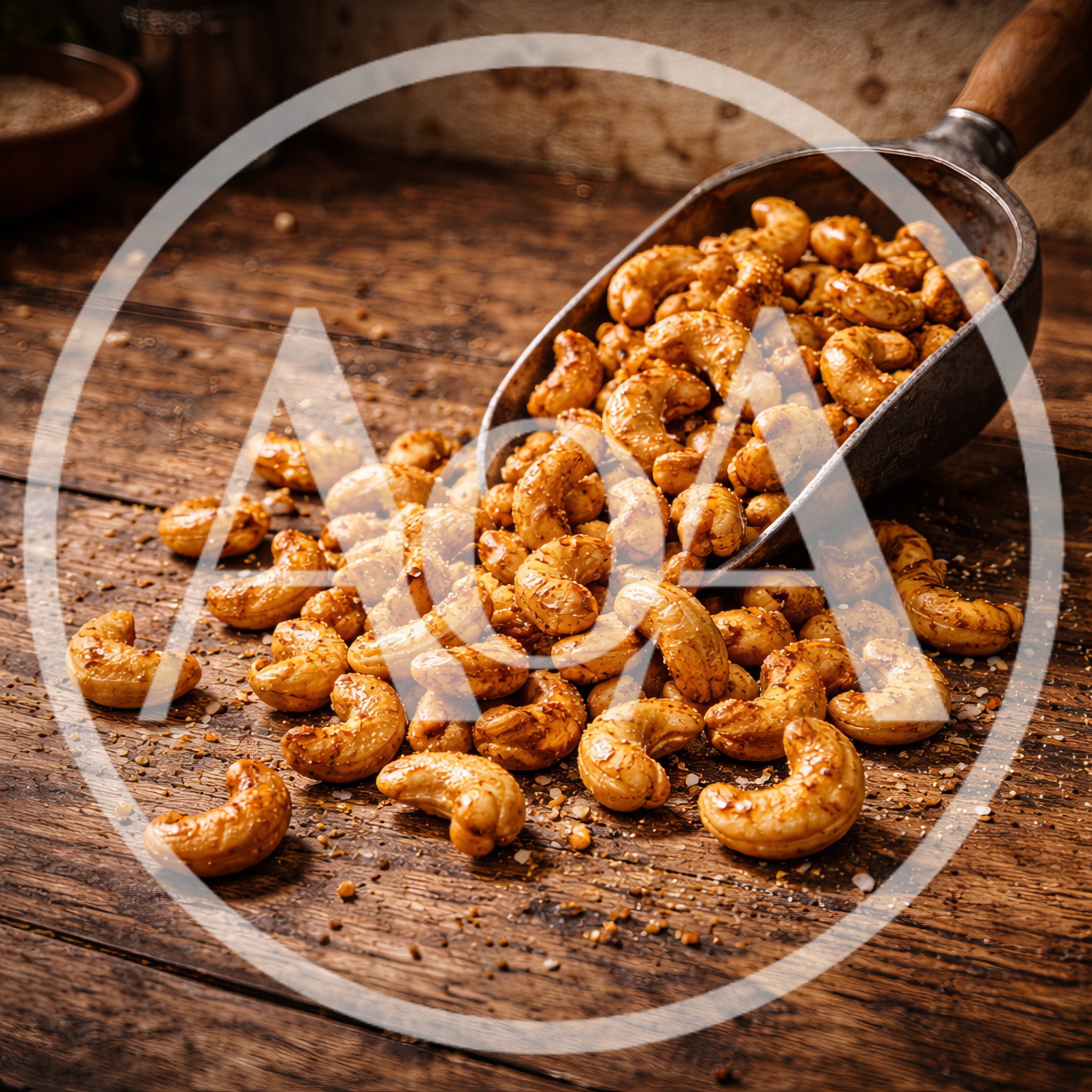 Roasted Cashews Spilled From A Metal Scoop