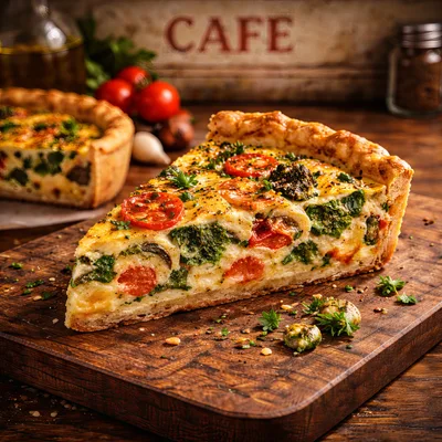 Slice Of Vegetable Quiche On A Wooden Board