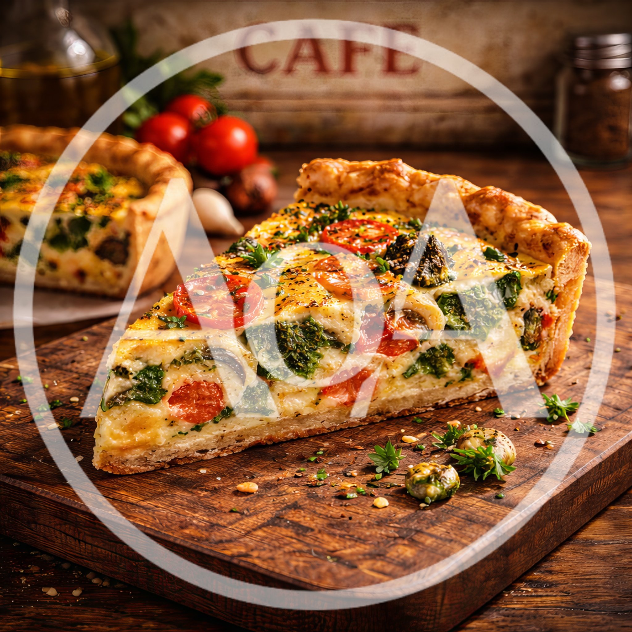 Slice Of Vegetable Quiche On A Wooden Board