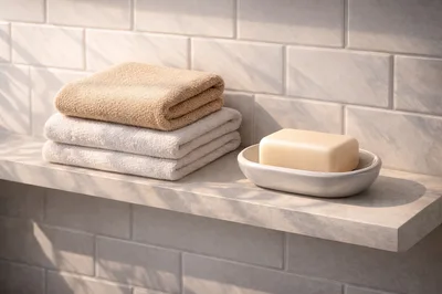 Stack Of Folded Towels And Soap On Bathroom Shelf