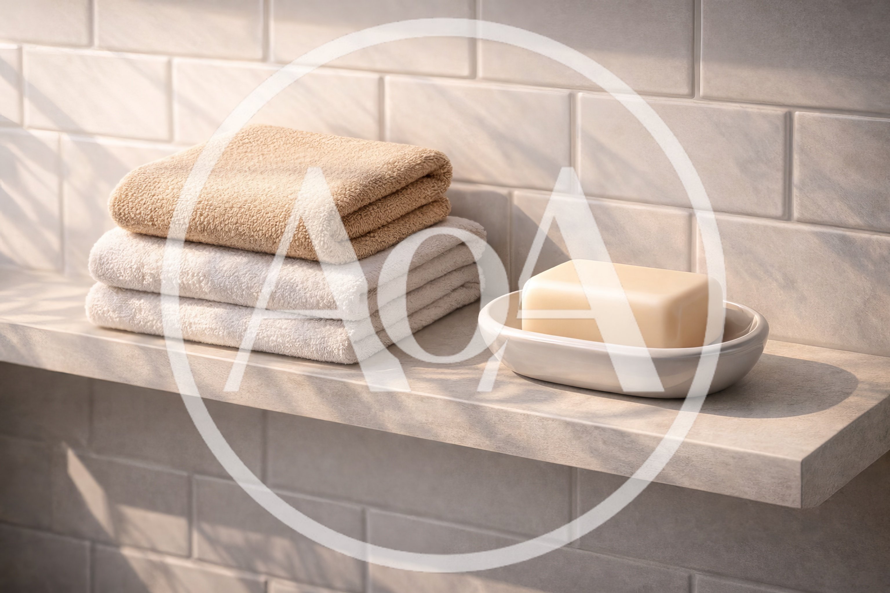 Stack Of Folded Towels And Soap On Bathroom Shelf