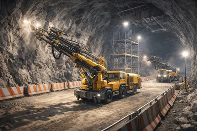 Yellow Mining Drill Rigs Operating In Underground Tunnel