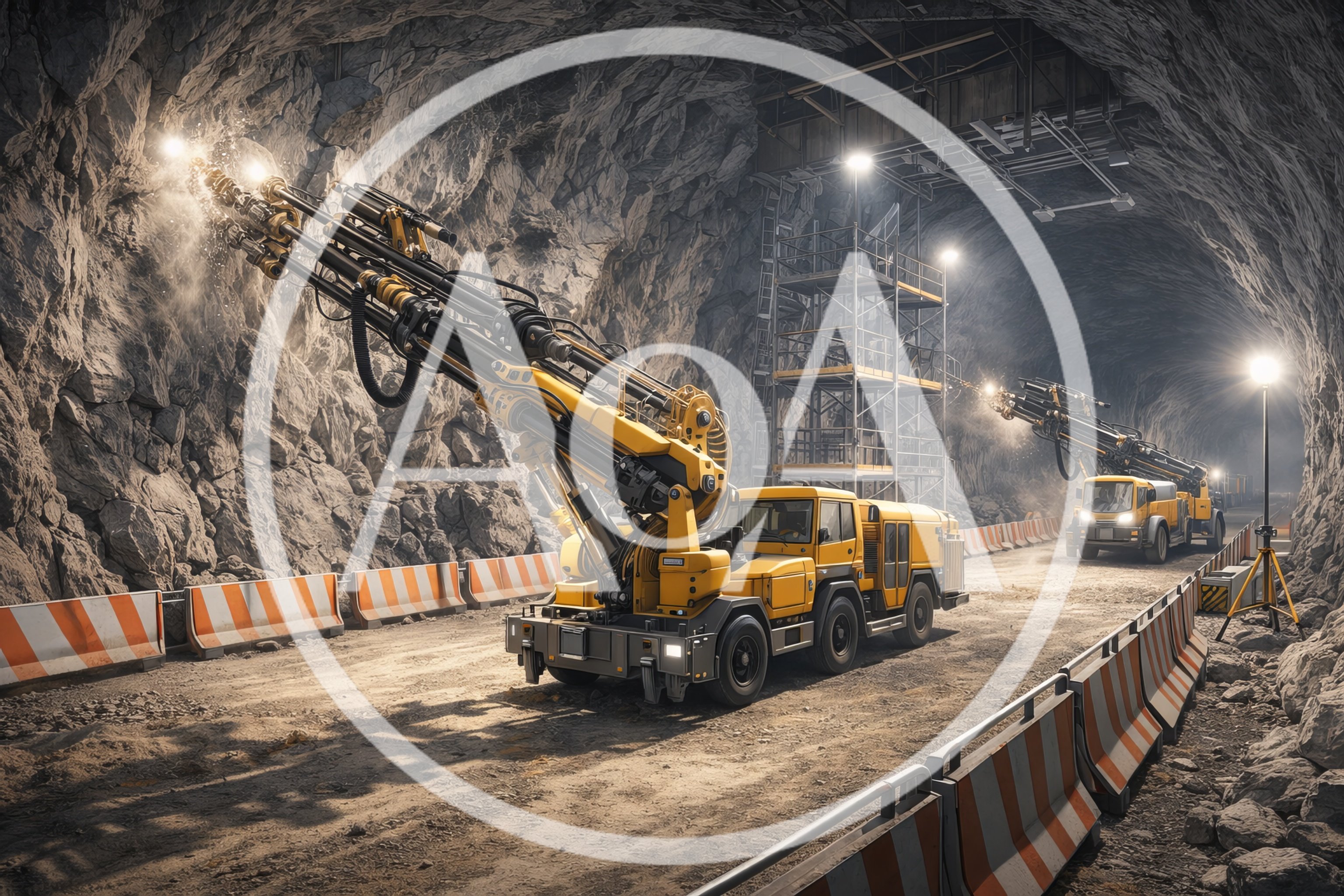 Yellow Mining Drill Rigs Operating In Underground Tunnel