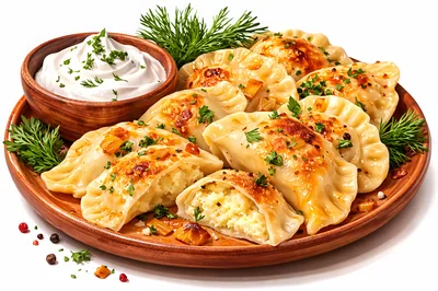 Plate Of Traditional Polish Pierogi With Sour Cream