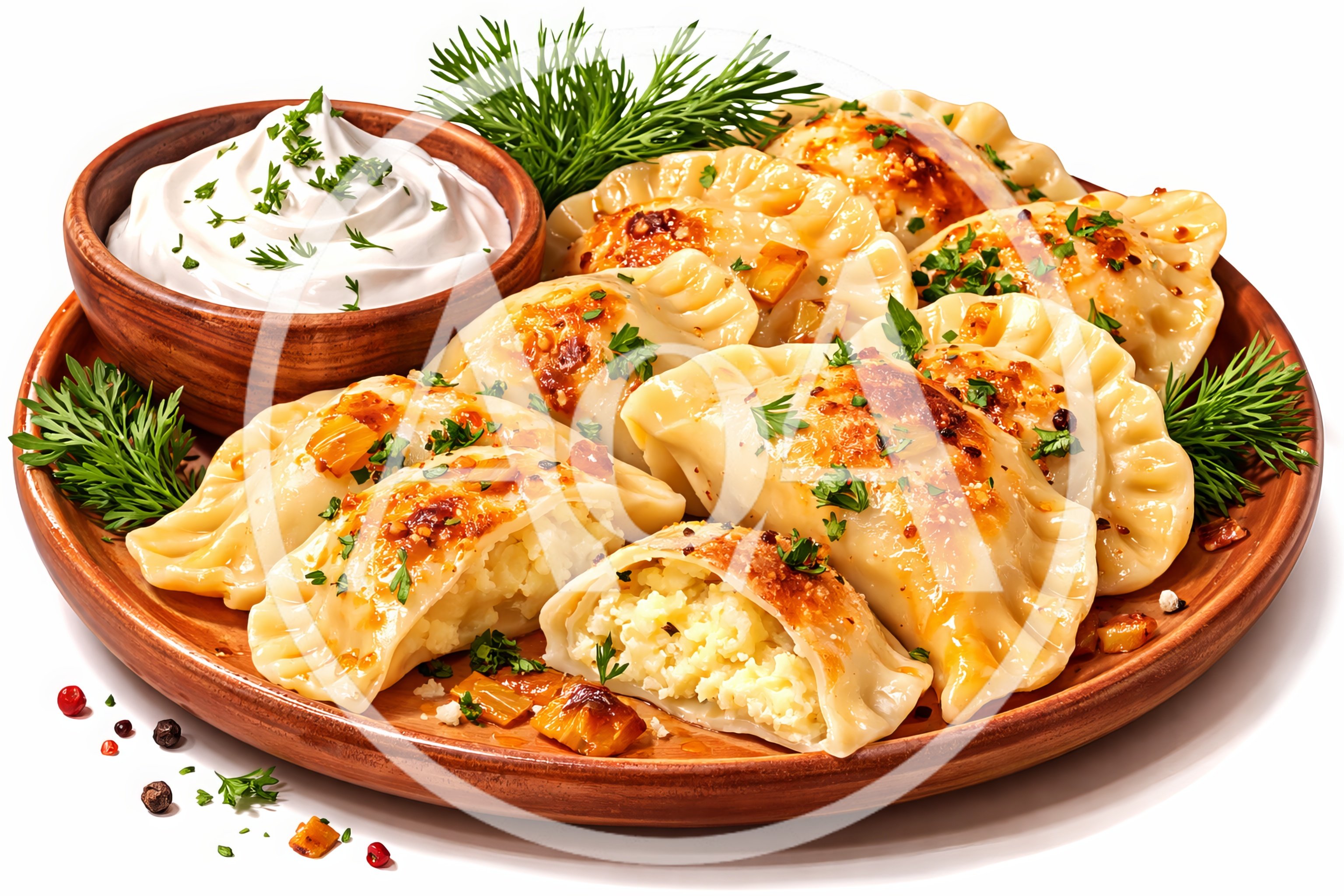Plate Of Traditional Polish Pierogi With Sour Cream
