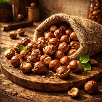 Hazelnuts Spilling From A Burlap Sack On Wooden Board