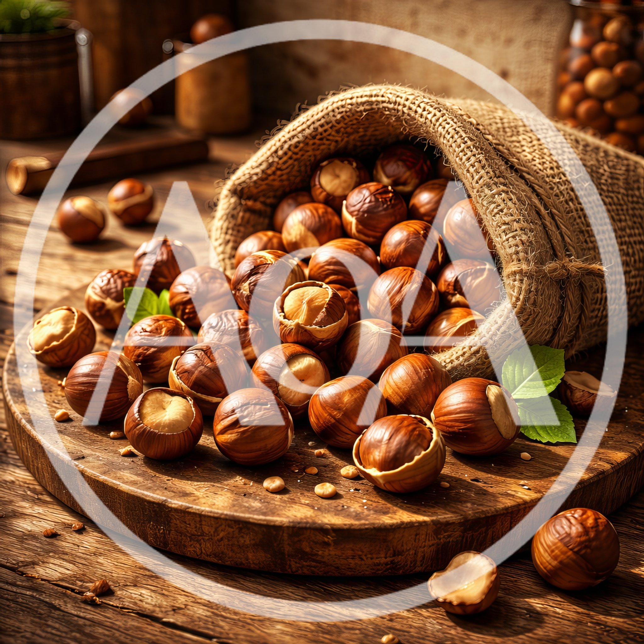 Hazelnuts Spilling From A Burlap Sack On Wooden Board