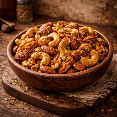 Bowl Of Roasted Mixed Nuts On Wooden Table