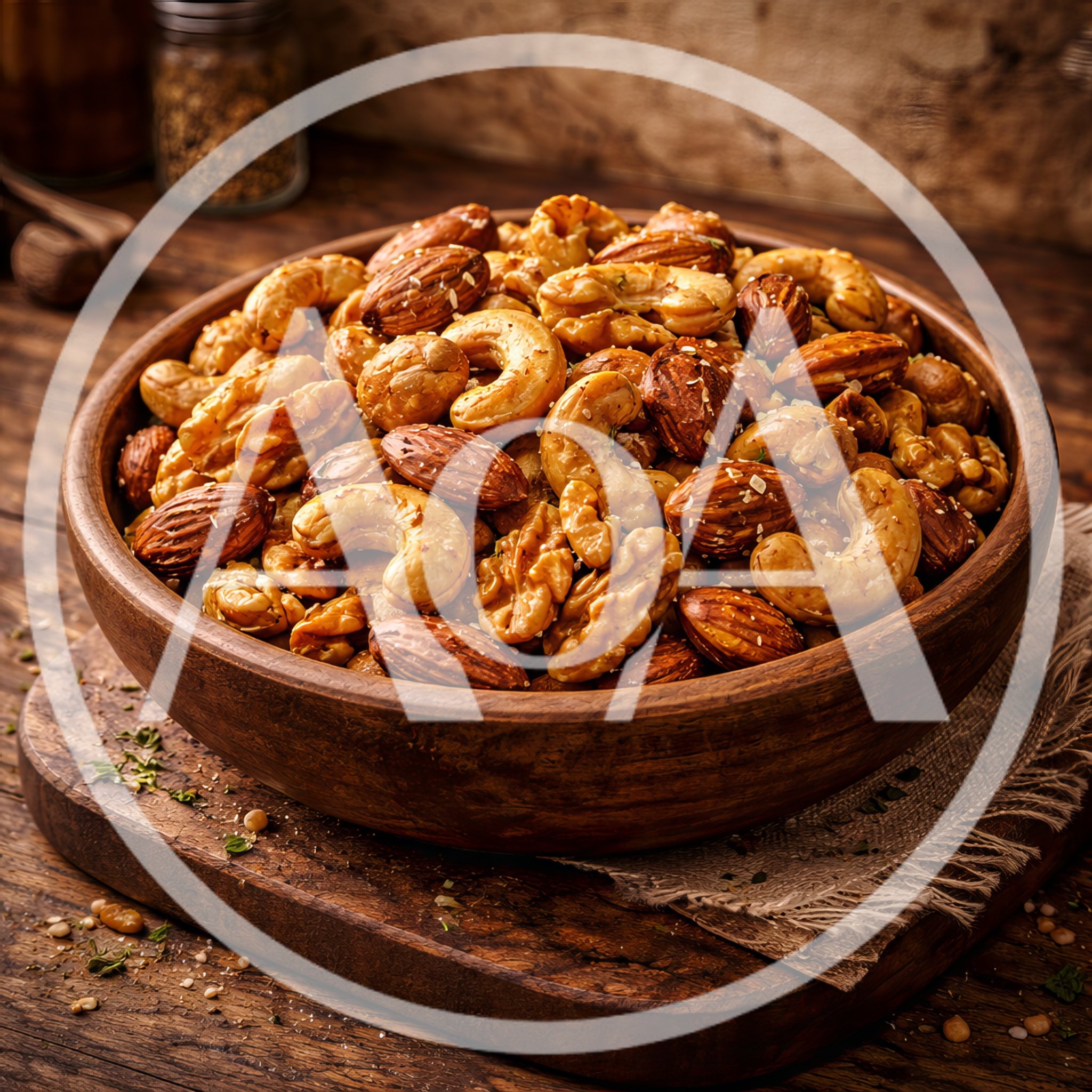 Bowl Of Roasted Mixed Nuts On Wooden Table