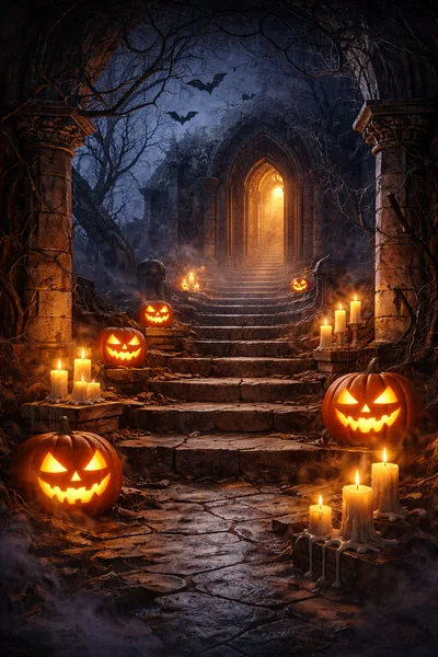 Spooky Halloween Stone Staircase With Jack O Lanterns