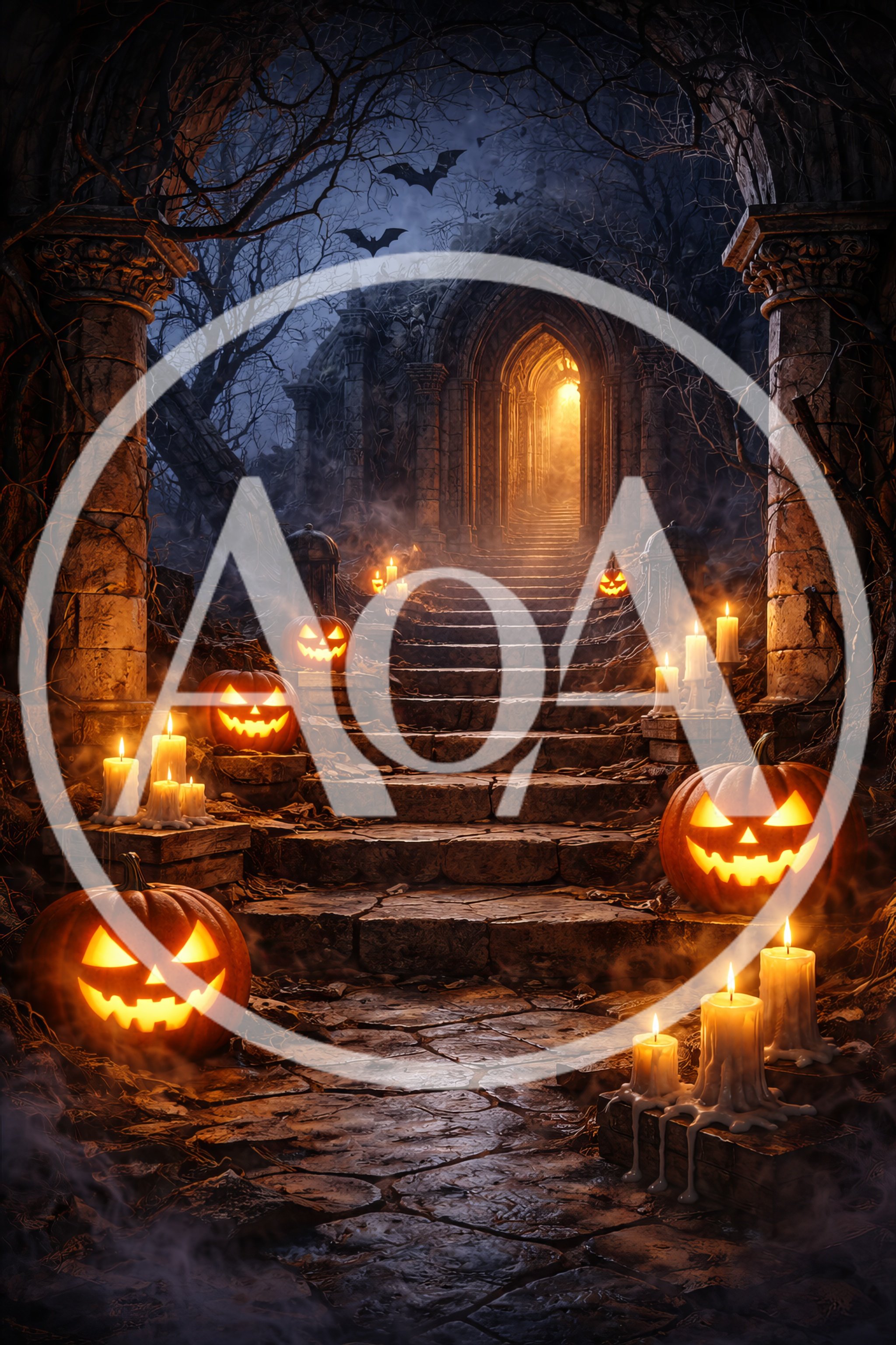 Spooky Halloween Stone Staircase With Jack O Lanterns