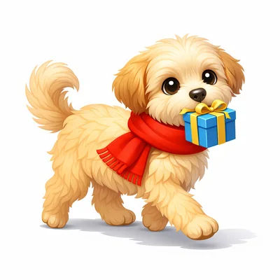 Cute Fluffy Puppy Carrying A Blue Gift Box