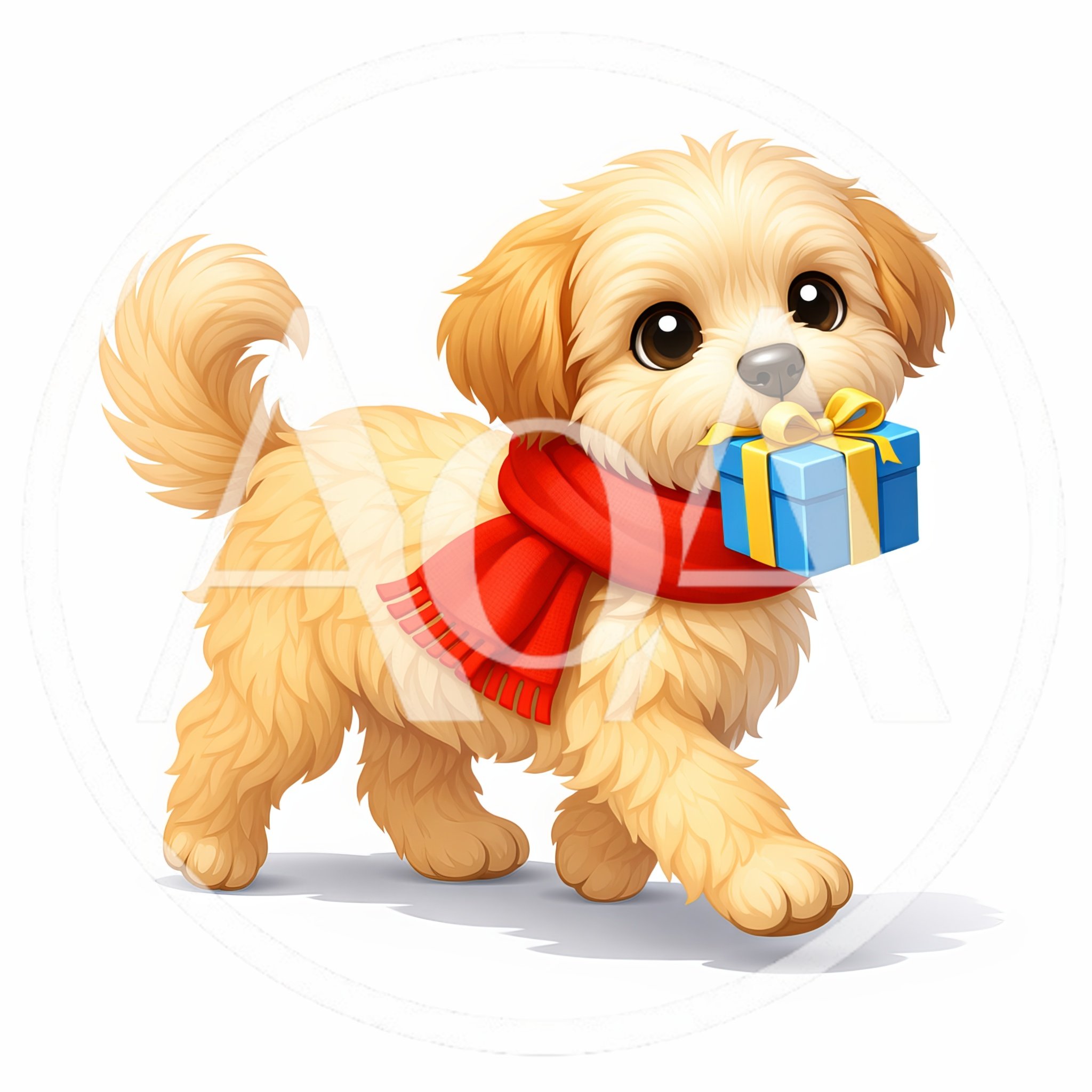 Cute Fluffy Puppy Carrying A Blue Gift Box
