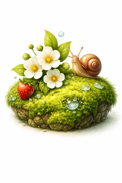 Snail on Mossy Mound with Strawberry and Flowers