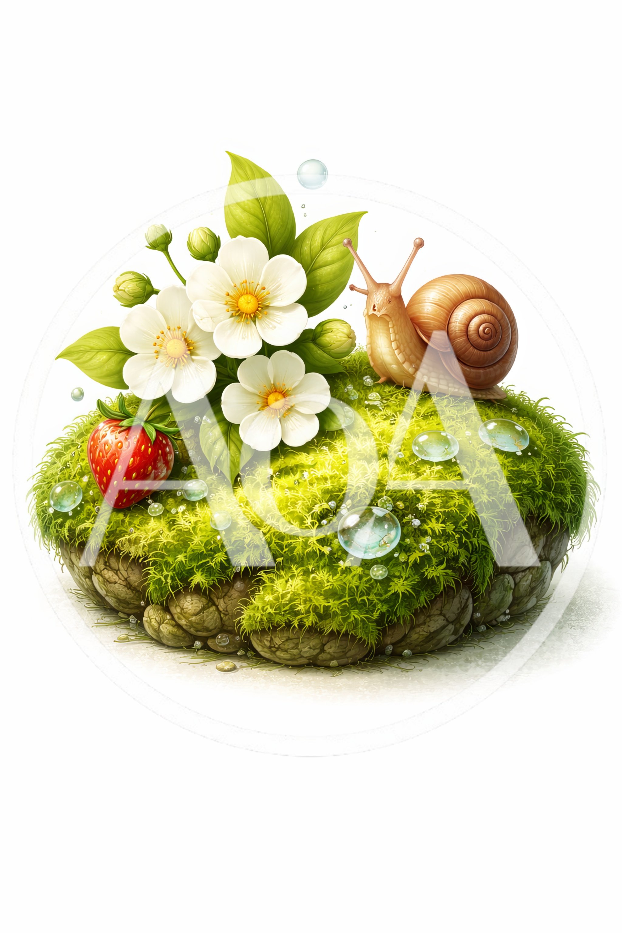 Snail on Mossy Mound with Strawberry and Flowers