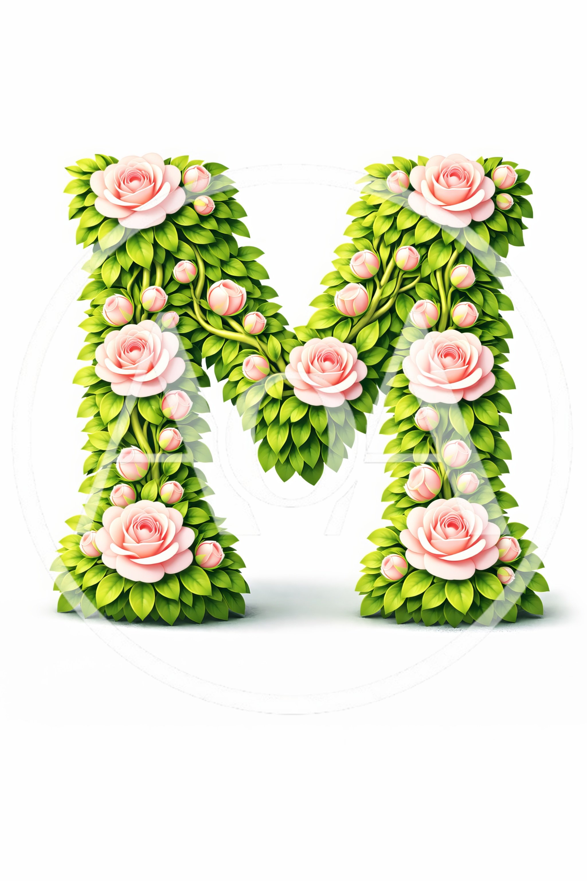 Floral Letter M Made Of Pink Roses And Leaves