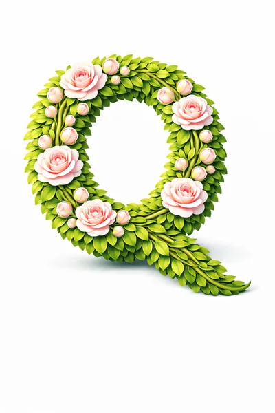 Floral Letter Q Made Of Green Leaves And Roses