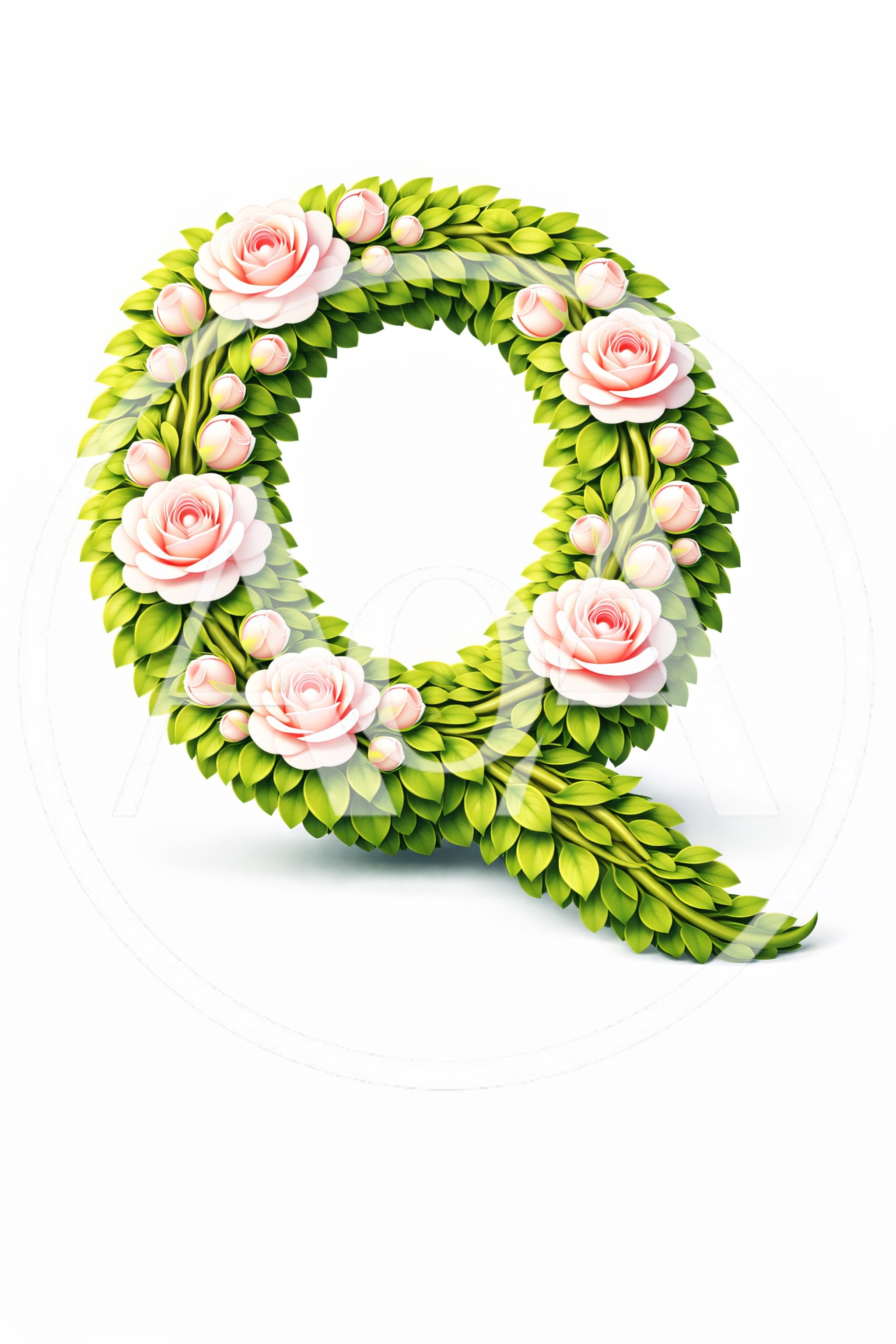 Floral Letter Q Made Of Green Leaves And Roses
