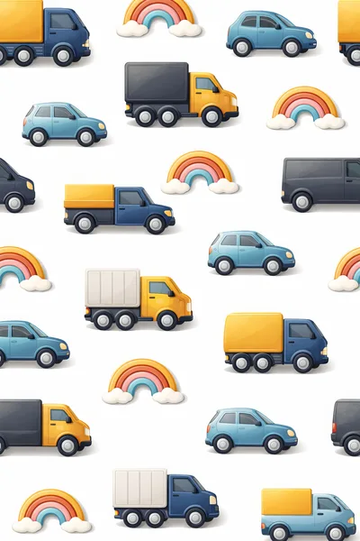 Seamless Pattern With Cartoon Trucks Cars And Rainbows